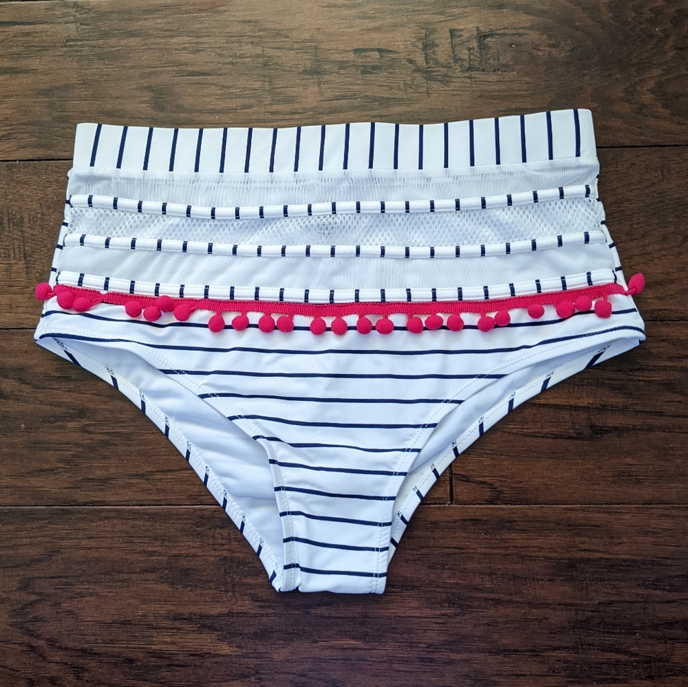 NWOT Striped High Waist Bikini Bottoms with Pom Pons